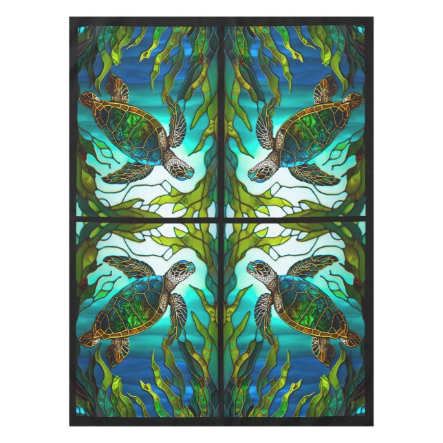 Tropical Coastal Sea Turtle Teal  Stained Glass Tablecloth (Front)