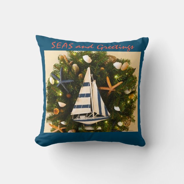 Tropical Coastal 'SEAS and Greetings' Christmas Cushion (Front)