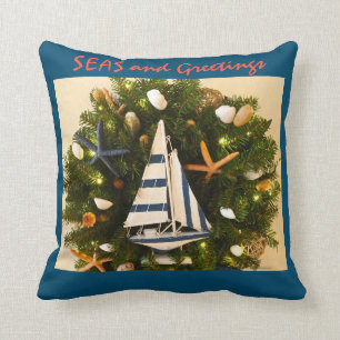 Tropical Coastal 'SEAS and Greetings' Christmas Cushion
