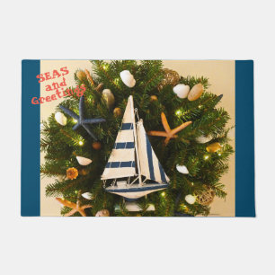 Tropical Coastal 'SEAS and Greetings' Christmas Doormat