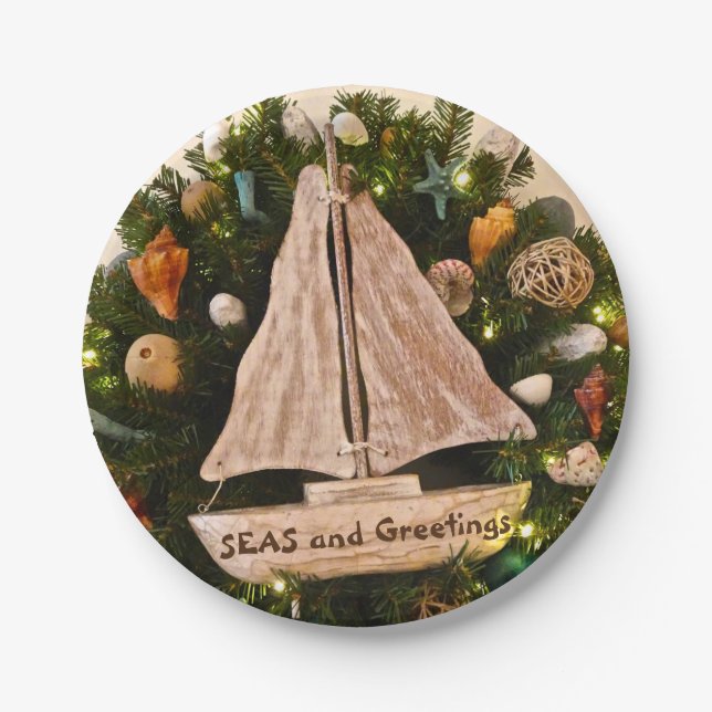 Tropical Coastal 'SEAS and Greetings' Christmas Paper Plate (Front)