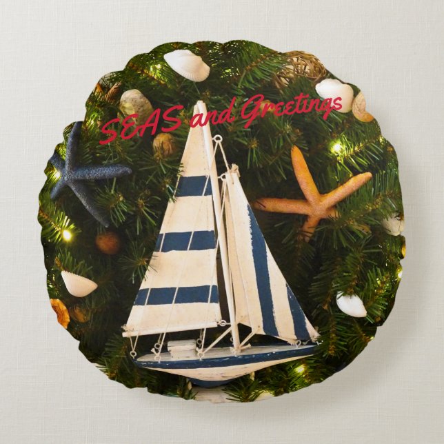 Tropical Coastal 'SEAS and Greetings' Christmas Round Cushion (Front)