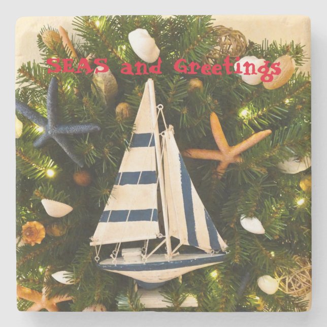 Tropical Coastal 'SEAS and Greetings' Christmas Stone Coaster (Front)