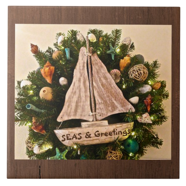 Tropical Coastal SEAS & Greetings Beach Christmas Ceramic Tile (Front)