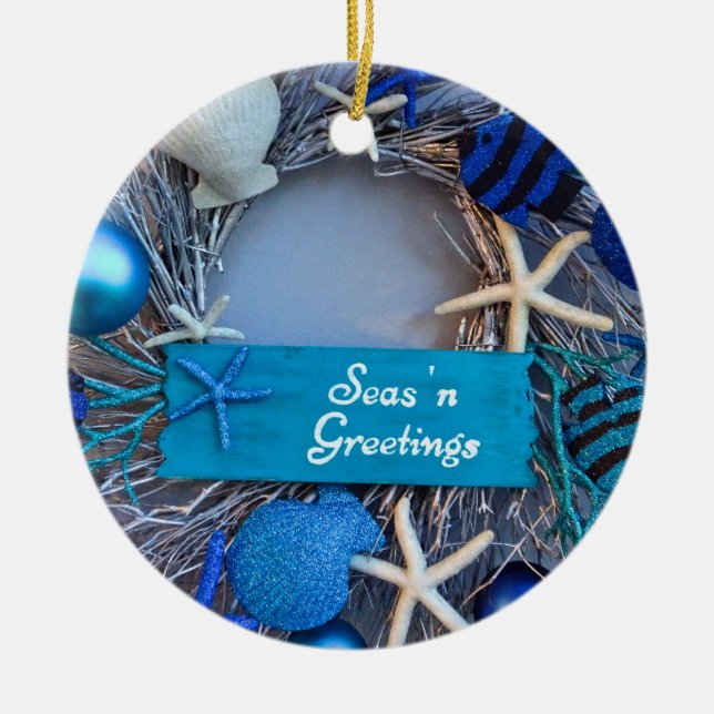 Tropical Coastal Seashell Holiday Christmas Ceramic Ornament (Front)