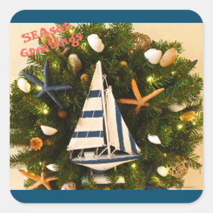 Tropical Coastal SEAson Greetings Christmas Square Sticker