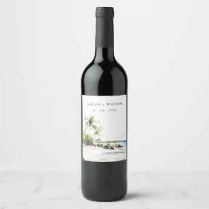 Tropical Coastal Watercolor Destination Wedding Wine Label