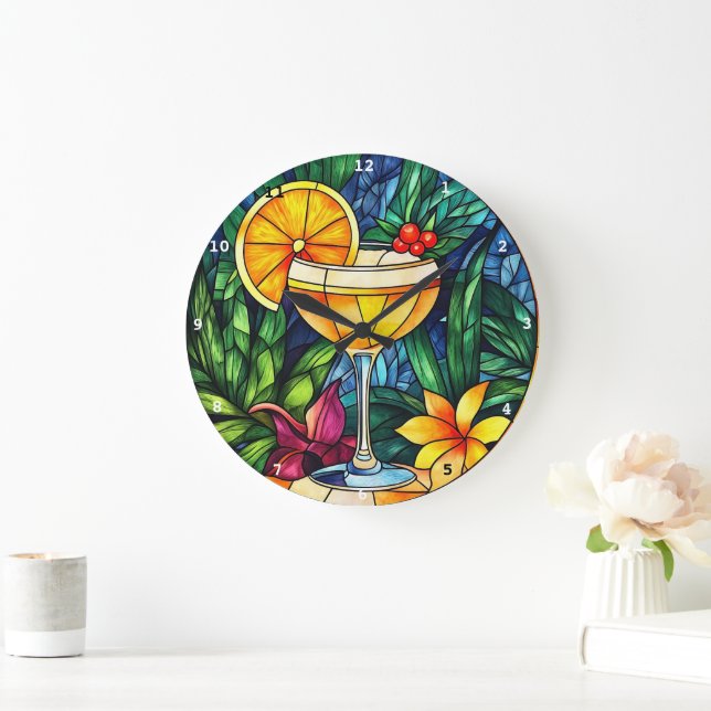 Tropical Cocktail Elegance" - Stained Glass Large Clock (Home)