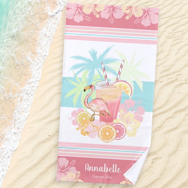Tropical Cocktail Flamingo Monogram Beach Towel (Tropical Cocktail Flamingo Beach Towel with name)
