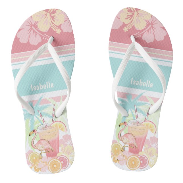 Tropical Cocktail Flamingo Name Pink Blue Thongs (Footbed)