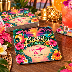 Tropical Cocktail Lounge 50th Birthday Square Paper Coaster