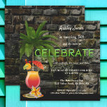 Tropical Cocktail Party Neon Adult Birthday Invitation<br><div class="desc">A birthday party invitation featuring a tropical cocktail with palm tree on a dark stone wall background. The neon letters saying "Celebrate" can be dragged,  rotated or deleted. Beautiful for a tropical themed party.</div>