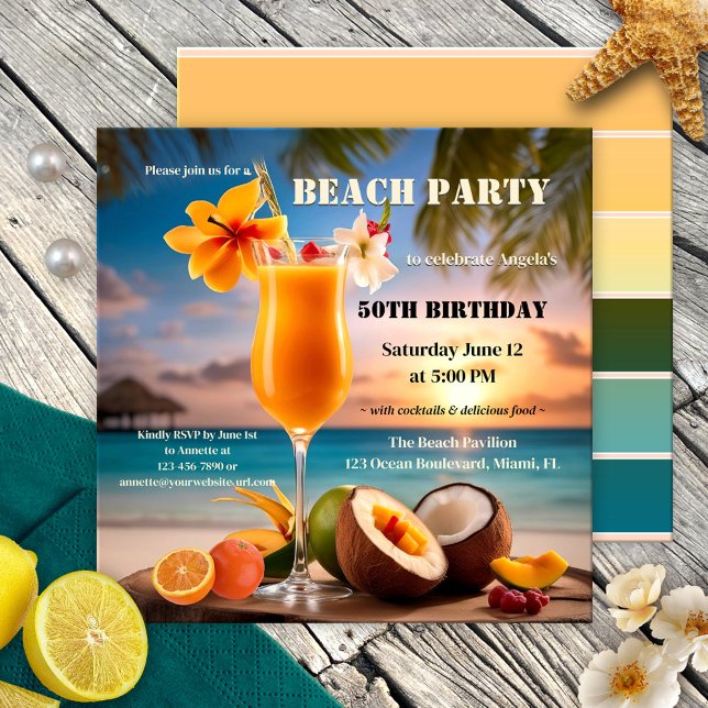 Tropical Cocktail Summer Beach Birthday Party Invitation (Summer cocktail party invitation featuring a sunset on the beach with fruits and festive drink)