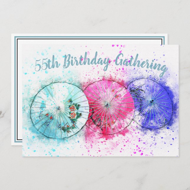 Tropical Cocktail Umbrellas 55th Birthday Invite (Front/Back)