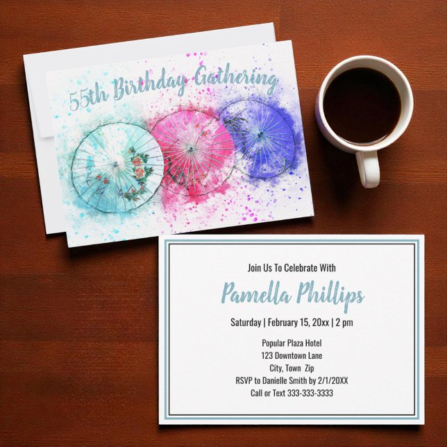 Tropical Cocktail Umbrellas 55th Birthday Invite (Colorful drink umbrella template invitation)