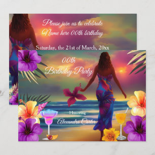 Tropical Cocktails purple Hibiscus palms Birthday Invitation