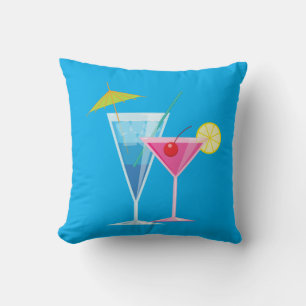 Tropical Cocktails Summer Pillow on Blue