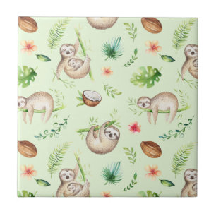 Tropical Coconut Sloth Pattern Ceramic Tile