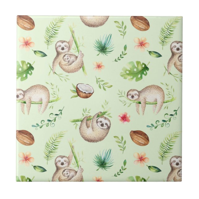 Tropical Coconut Sloth Pattern Ceramic Tile (Front)