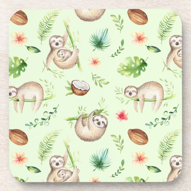 Tropical Coconut Sloth Pattern Coaster (Front)