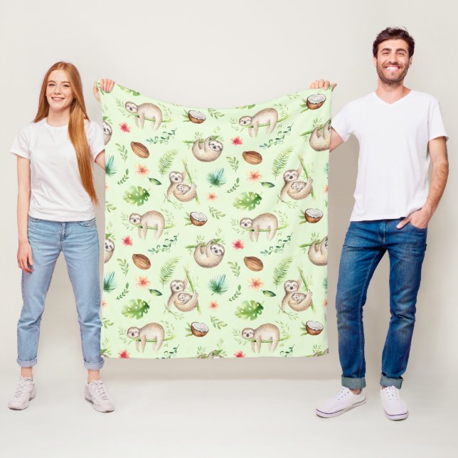 Tropical Coconut Sloth Pattern Fleece Blanket (In Situ)
