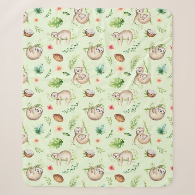 Tropical Coconut Sloth Pattern Sherpa Blanket (Front)