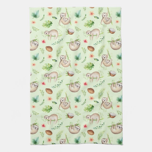 Tropical Coconut Sloth Pattern Tea Towel (Vertical)