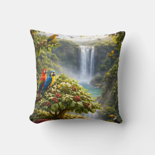 Tropical Coffee Paradise – Waterfall & Parrots Cushion