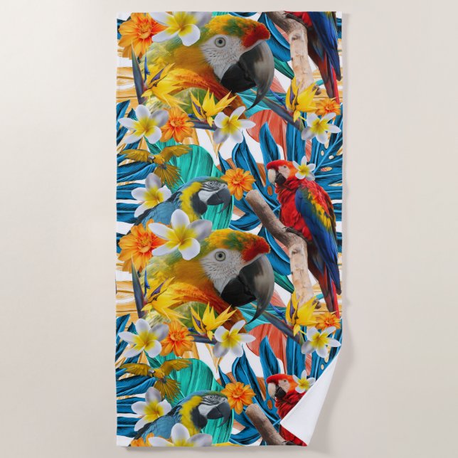 Tropical Collage Parrot Macaw Colourful Botanical Beach Towel (Front)