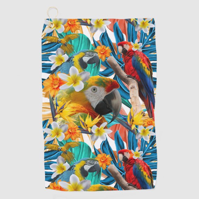 Tropical Collage Parrot Macaw Colourful Botanical Golf Towel (Front)