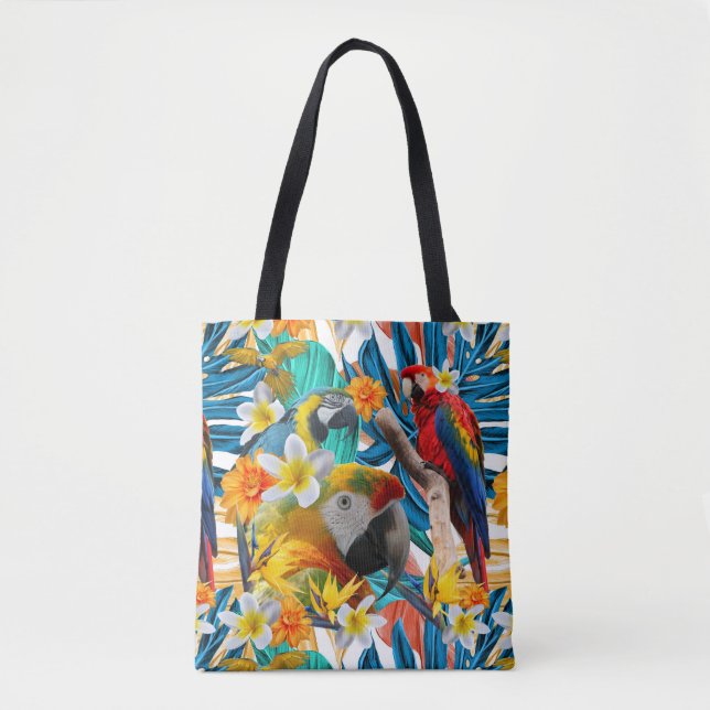 Tropical Collage Parrot Macaw Colourful Botanical Tote Bag (Front)