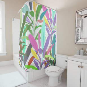 Tropical Colorful Banana Leaves White Pattern Shower Curtain