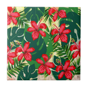 Tropical colorful jungle hibiscus red and green ceramic tile