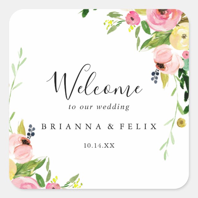 Tropical Colourful Autumn Floral Wedding Welcome Square Sticker (Front)