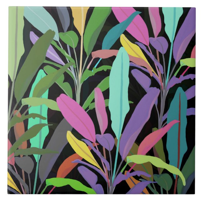 Tropical Colourful Banana Leaves Black Pattern Ceramic Tile (Front)