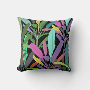 Tropical Colourful Banana Leaves Black Pattern Cushion