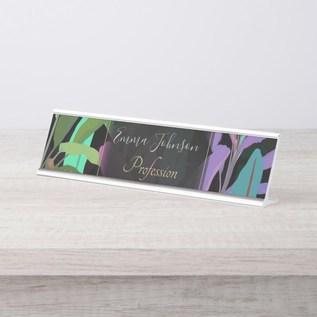 Tropical Colourful Banana Leaves Black Pattern Desk Name Plate (Front)