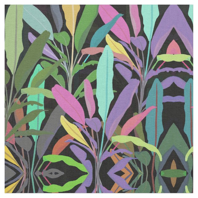 Tropical Colourful Banana Leaves Black Pattern Fabric (Close Up)