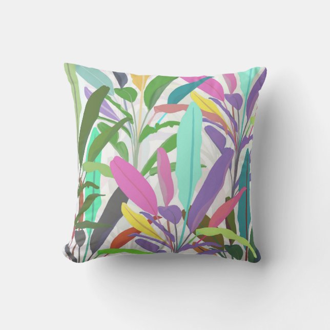 Tropical Colourful Banana Leaves White Pattern Cushion (Front)