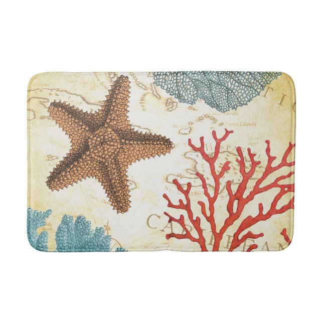 Tropical Colourful Caribbean Starfish and Coral Bath Mat (Front)