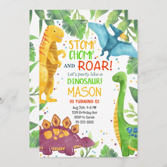 Tropical Colourful Dinosaurs Birthday Invitation (Front/Back)