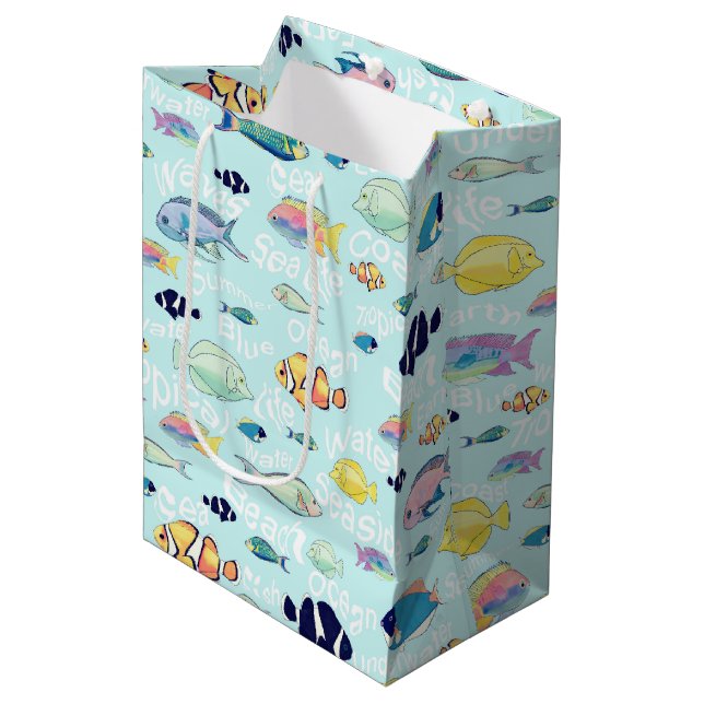 Tropical Colourful Fish Sea life and Words Design Medium Gift Bag (Front Angled)