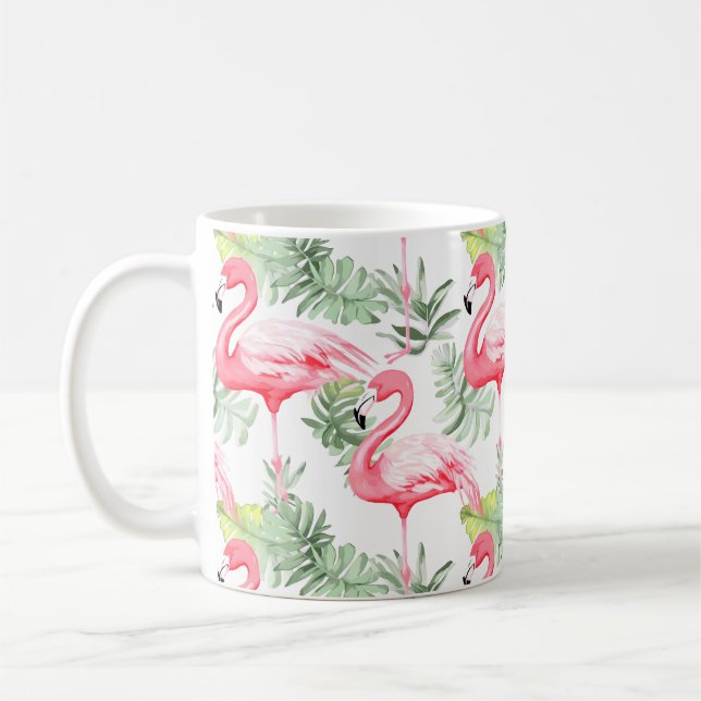 Tropical Colourful Flamingo and Leaves Coffee Mug (Left)