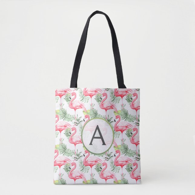 Tropical Colourful Flamingo and Leaves & Monogram Tote Bag (Front)