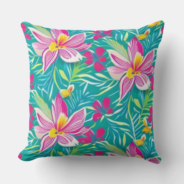 Tropical Colourful Florals Teal, Pink, Yellow Cushion (Front)