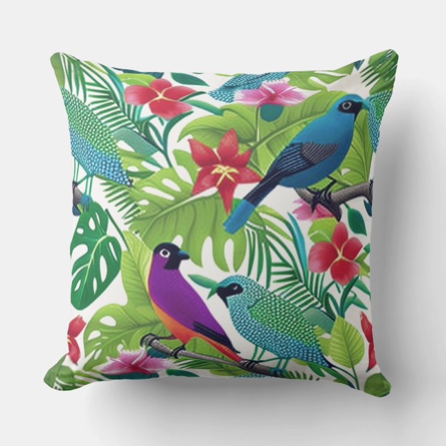 Tropical Colourful Florals with Birds  Cushion (Front)