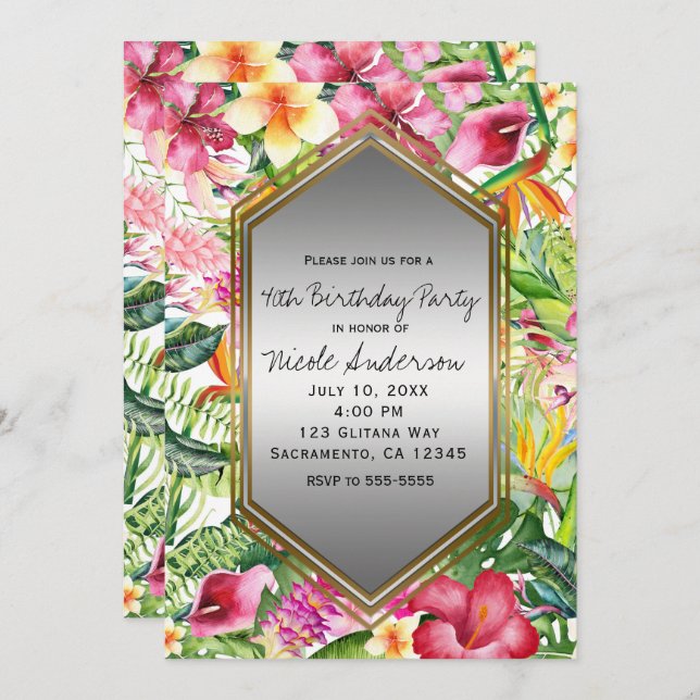 Tropical Colourful Flowers Birthday Party Any Even Invitation (Front/Back)