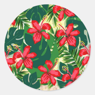 Tropical colourful jungle hibiscus red and green classic round sticker