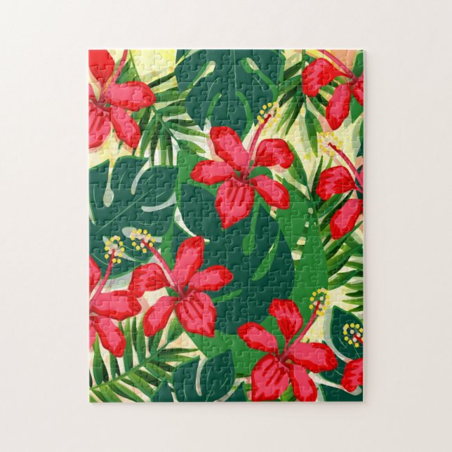 Tropical colourful jungle hibiscus red and green jigsaw puzzle (Vertical)