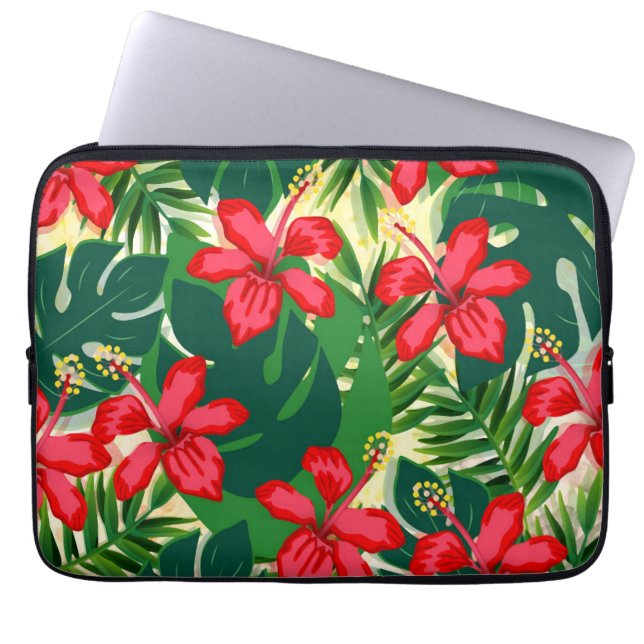 Tropical colourful jungle hibiscus red and green laptop sleeve (Front)